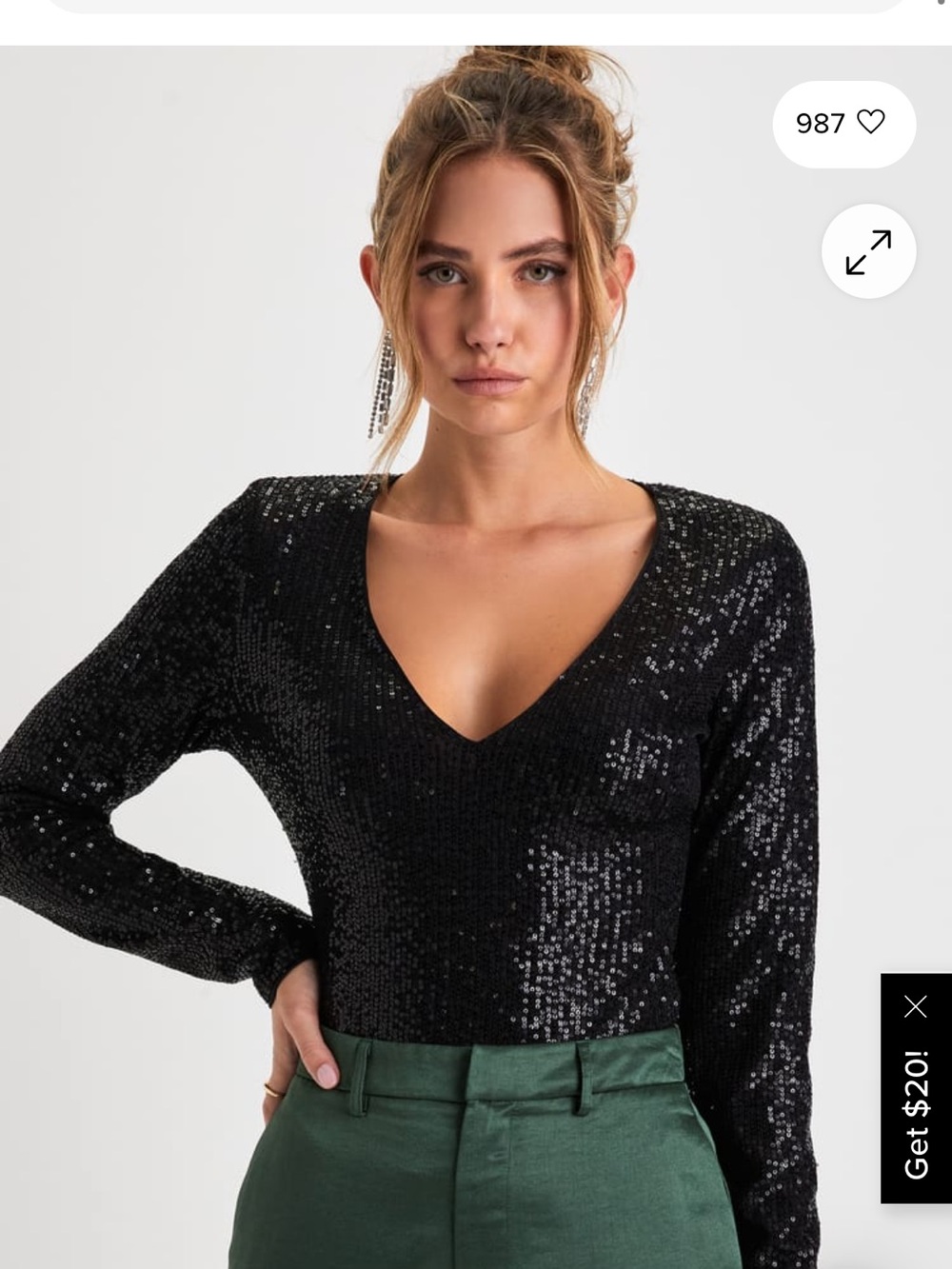 Lulu's Black Sequin V-Neck Long-Sleeve Bodysuit
